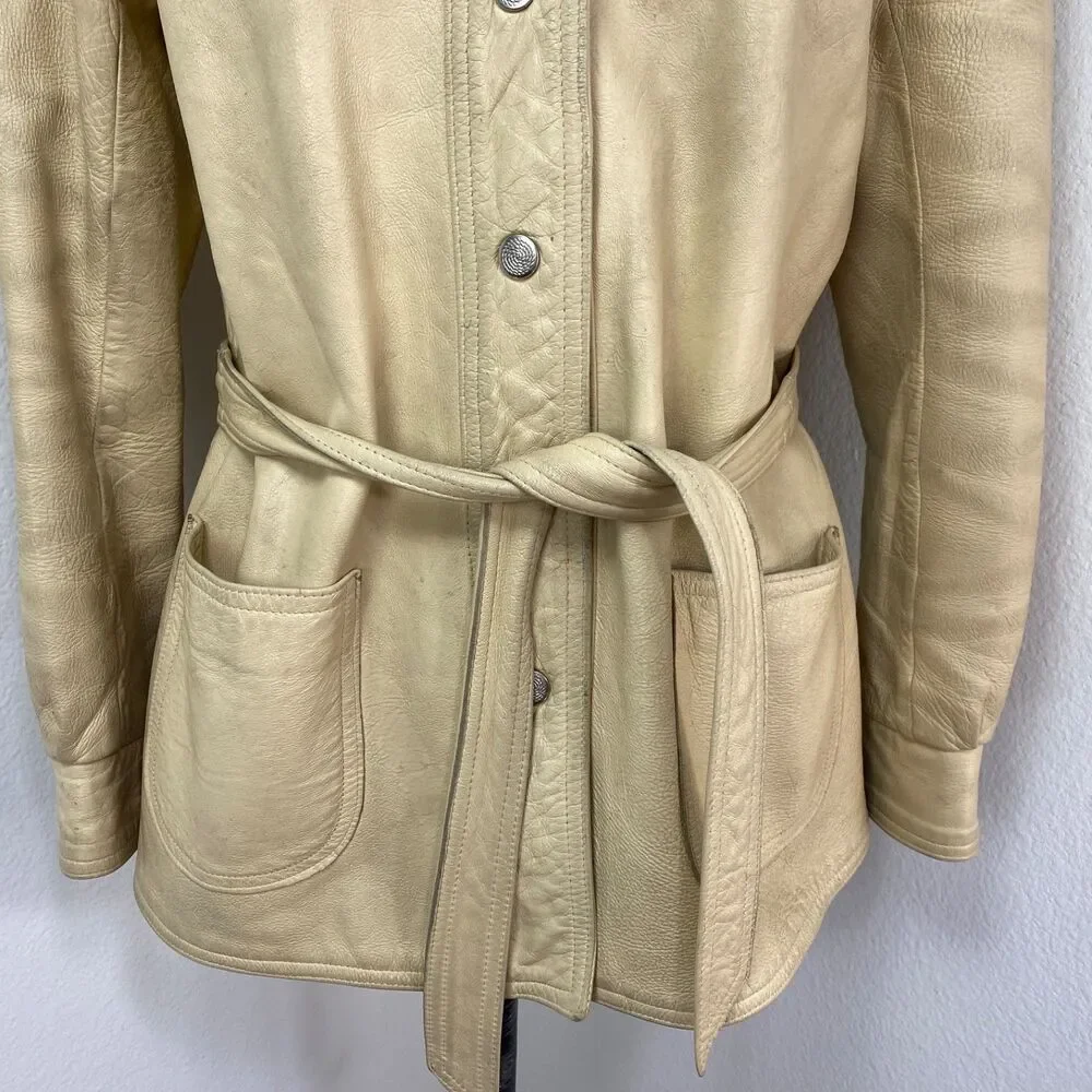 Vintage 70 New England Sportswear Trench Beige Leather Jacket 12 Snap Front Belt